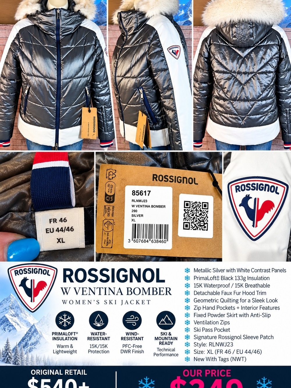 Rossignol Ventina Bomber Ski Jacket XL Silver PrimaLoft Faux Fur NWT